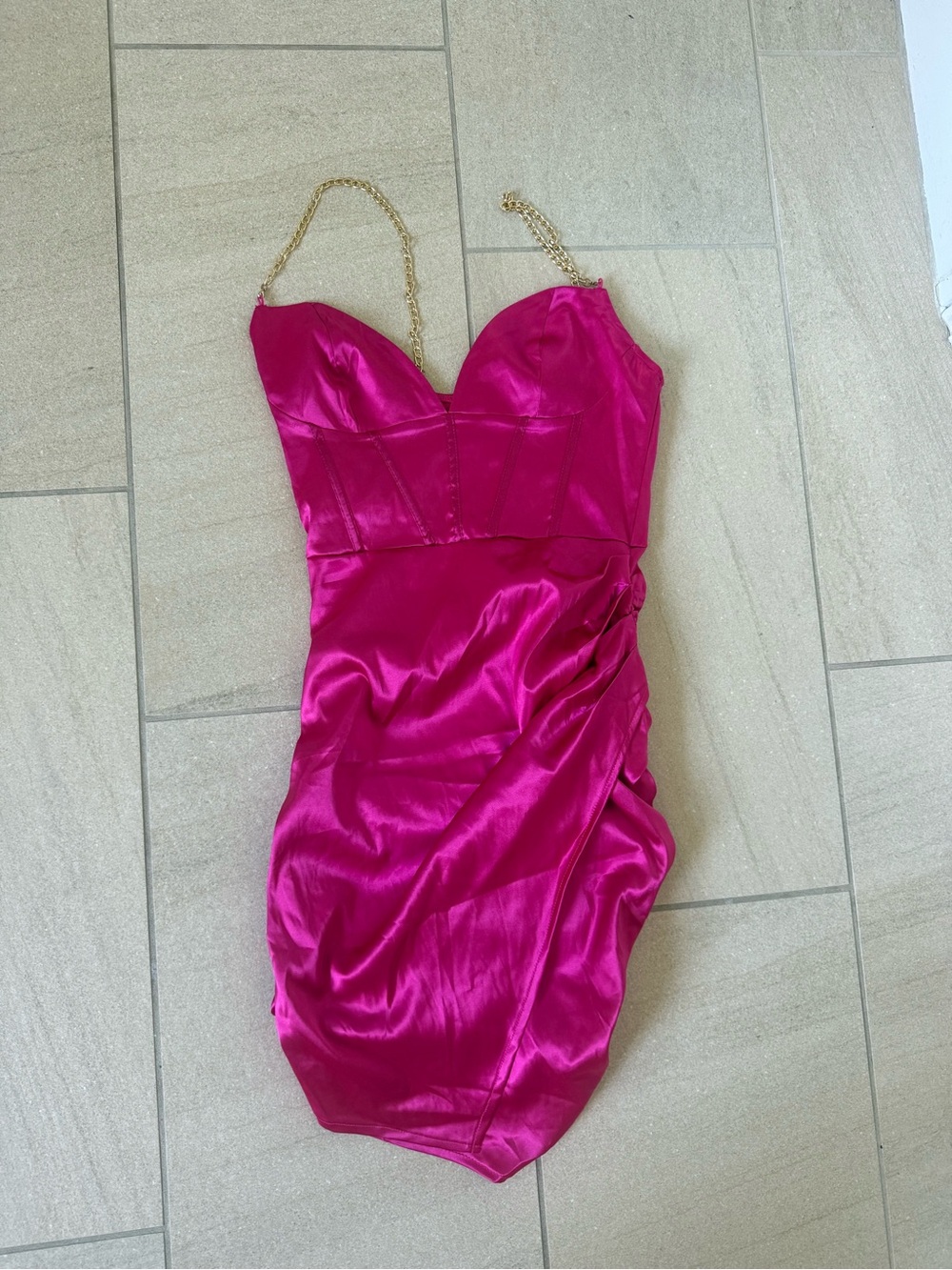 Oh Polly Hot Pink Satin Chain-Strap Mini Dress